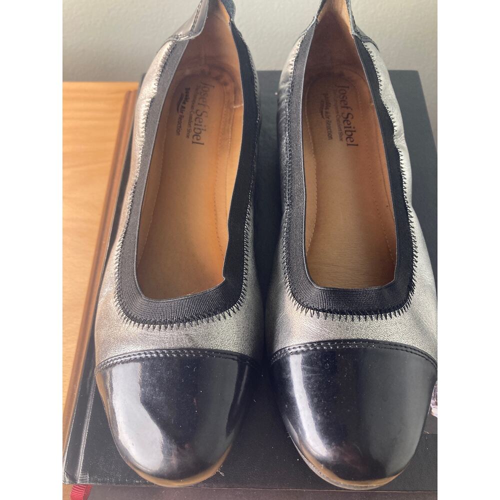 Joseph Seibel Pippa Ballet Cap Toe Black Patent Silver Flats ~ Sz 40 Ah Comfort!